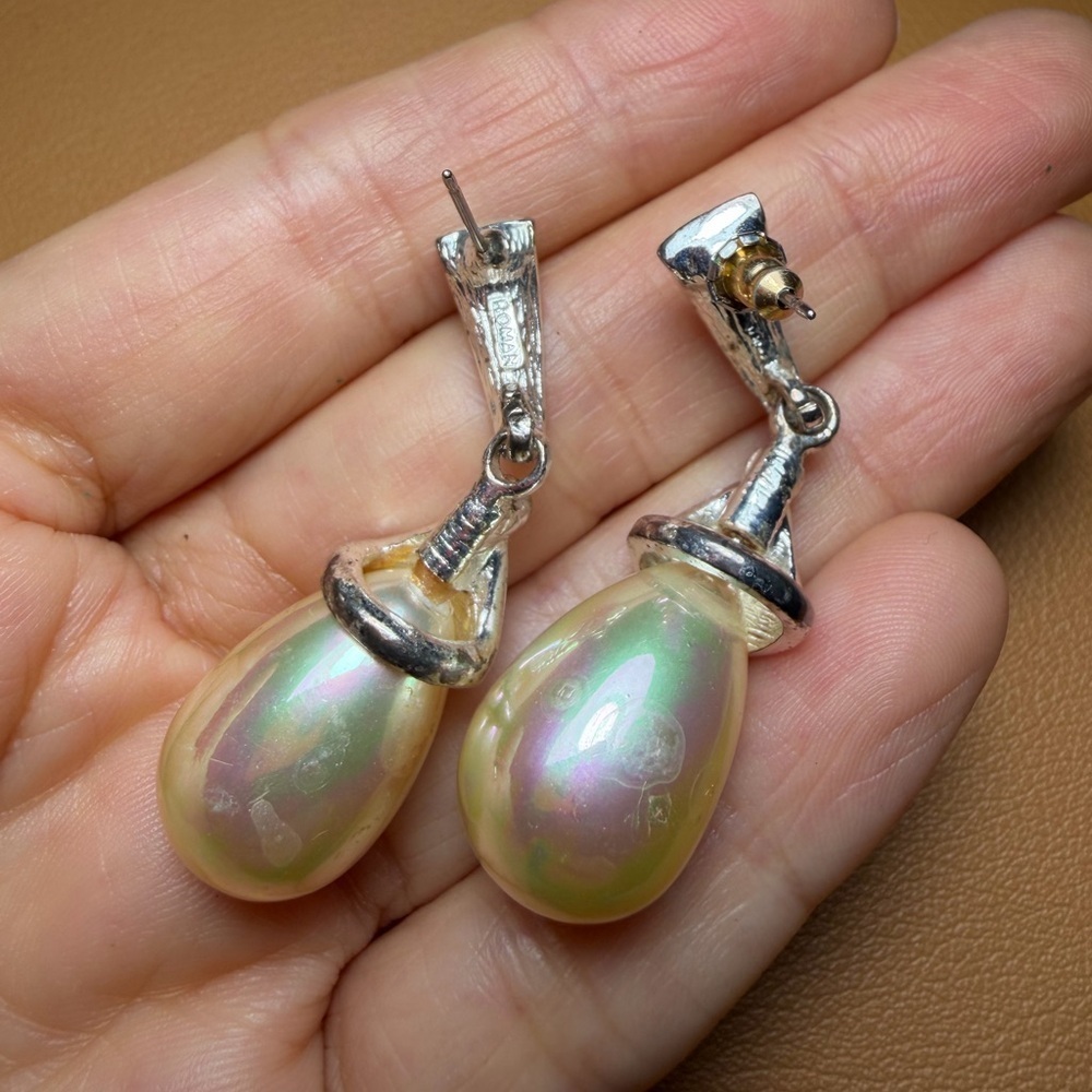 Vtg Signed Roman Faux Pearl & Rhinestone Drop Dangle Pierced Earrings - Picture 8 of 12